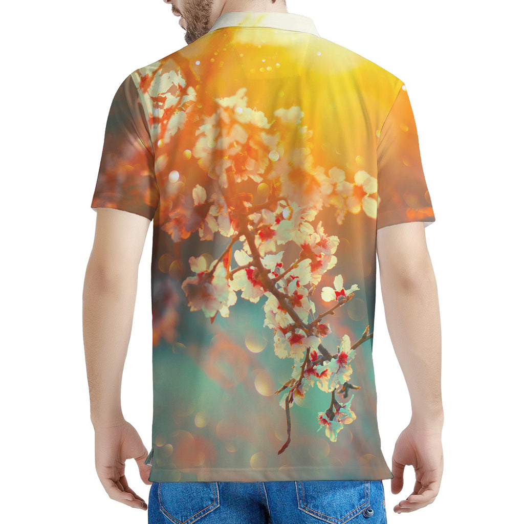 Sunrise Japanese Cherry Blossom Print Men's Polo Shirt