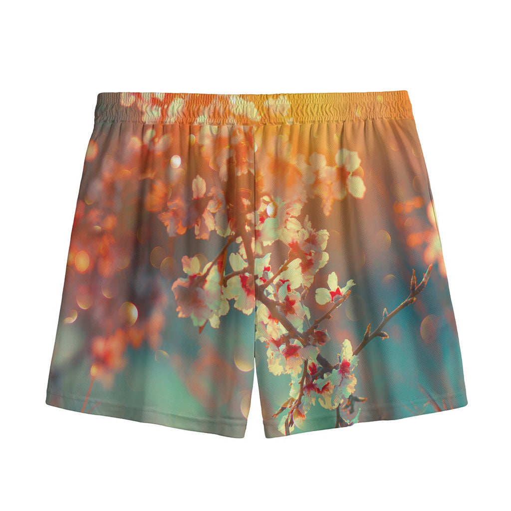 Sunrise Japanese Cherry Blossom Print Mesh Shorts
