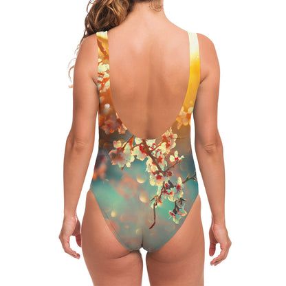 Sunrise Japanese Cherry Blossom Print One Piece Swimsuit