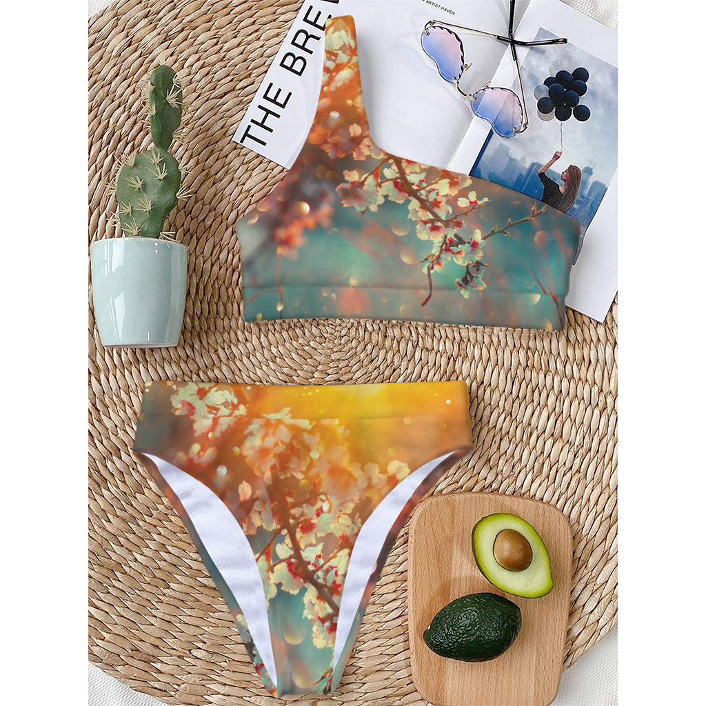 Sunrise Japanese Cherry Blossom Print One Shoulder Bikini Top
