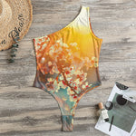Sunrise Japanese Cherry Blossom Print One Shoulder Bodysuit