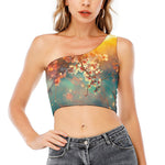 Sunrise Japanese Cherry Blossom Print One Shoulder Crop Top