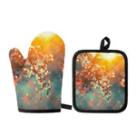 Sunrise Japanese Cherry Blossom Print Oven Mitt And Pot Holder Set