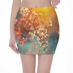 Sunrise Japanese Cherry Blossom Print Pencil Mini Skirt