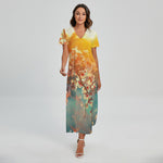 Sunrise Japanese Cherry Blossom Print Short Sleeve Maxi Dress