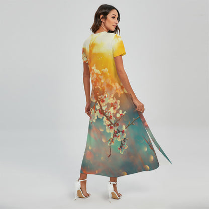 Sunrise Japanese Cherry Blossom Print Short Sleeve Maxi Dress