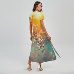 Sunrise Japanese Cherry Blossom Print Short Sleeve Maxi Dress