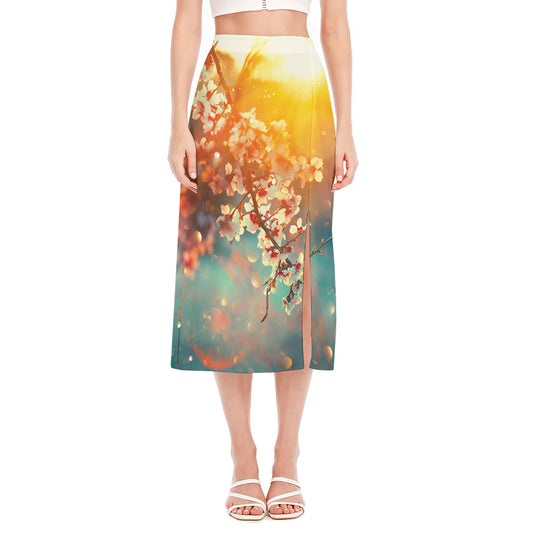 Sunrise Japanese Cherry Blossom Print Side Slit Midi Skirt