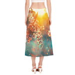 Sunrise Japanese Cherry Blossom Print Side Slit Midi Skirt