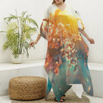 Sunrise Japanese Cherry Blossom Print Silk V-Neck Kaftan Dress