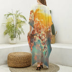 Sunrise Japanese Cherry Blossom Print Silk V-Neck Kaftan Dress