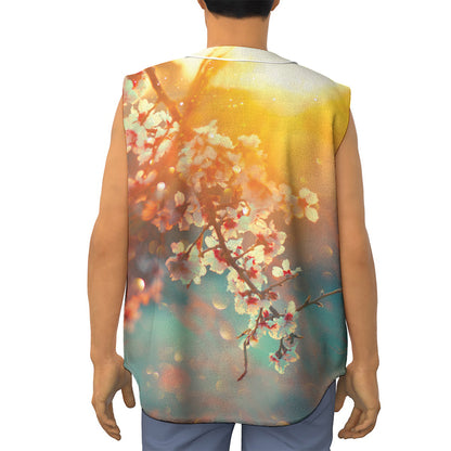Sunrise Japanese Cherry Blossom Print Sleeveless Baseball Jersey