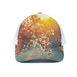 Sunrise Japanese Cherry Blossom Print White Mesh Trucker Cap