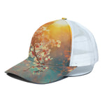 Sunrise Japanese Cherry Blossom Print White Mesh Trucker Cap