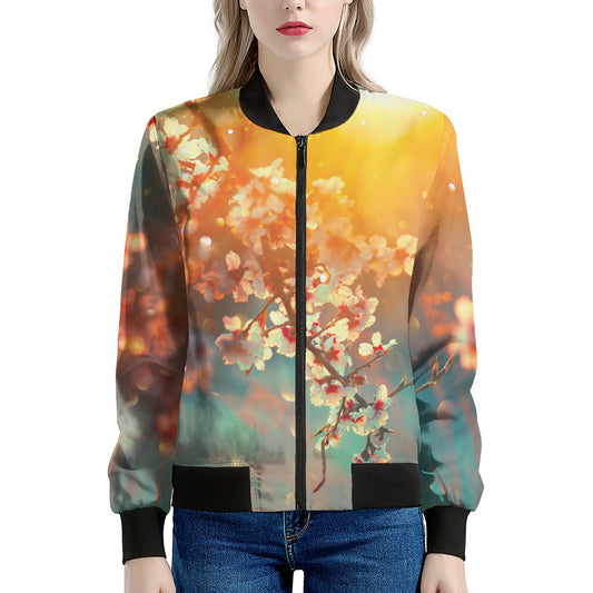 Sunrise Japanese Cherry Blossom Print Women's Bomber Jacket