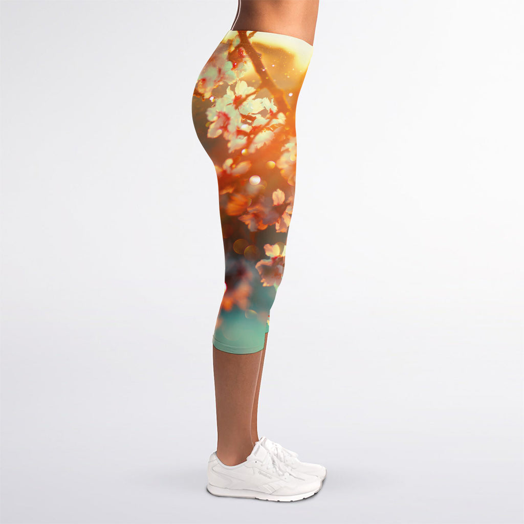 Sunrise Japanese Cherry Blossom Print Women's Capri Leggings