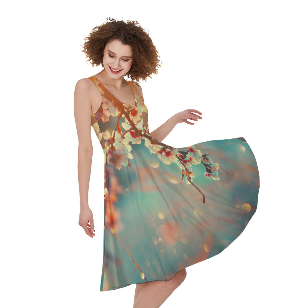 Sunrise Japanese Cherry Blossom Print Women's Sleeveless Dress