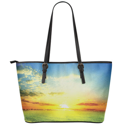 Sunrise Meadow Print Leather Tote Bag