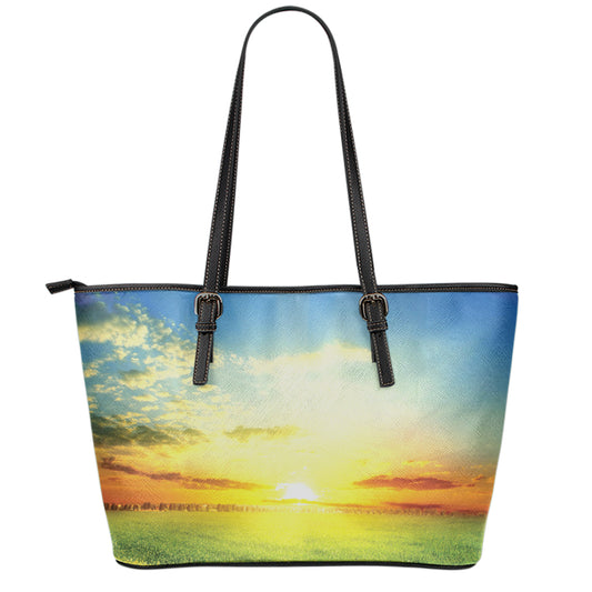 Sunrise Meadow Print Leather Tote Bag