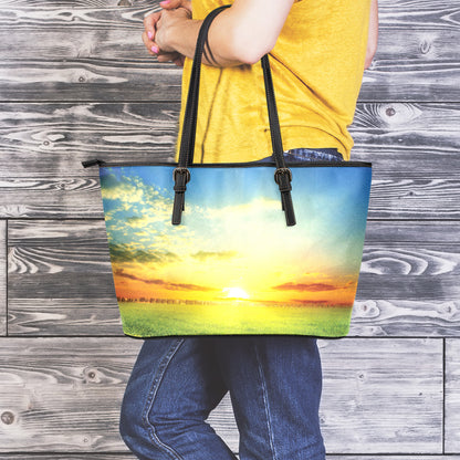 Sunrise Meadow Print Leather Tote Bag
