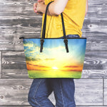 Sunrise Meadow Print Leather Tote Bag
