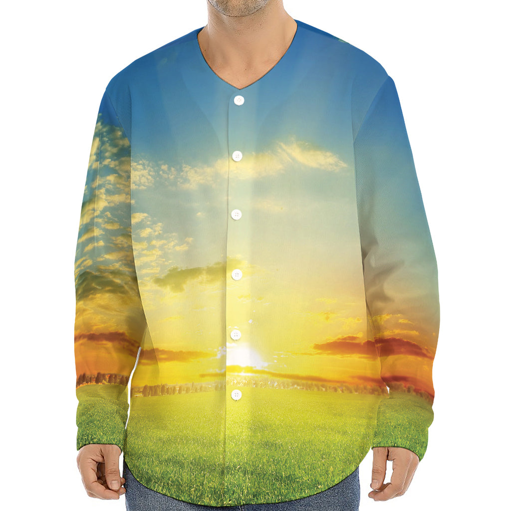 Sunrise Meadow Print Long Sleeve Baseball Jersey