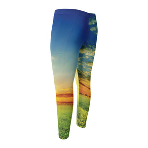 Sunrise Meadow Print Men's Compression Pants