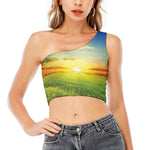 Sunrise Meadow Print One Shoulder Crop Top