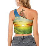 Sunrise Meadow Print One Shoulder Crop Top