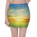 Sunrise Meadow Print Pencil Mini Skirt