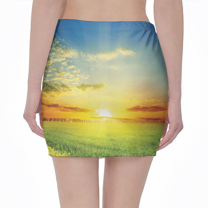 Sunrise Meadow Print Pencil Mini Skirt