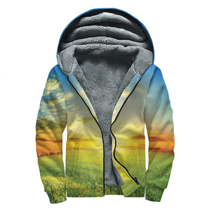 Sunrise Meadow Print Sherpa Lined Zip Up Hoodie