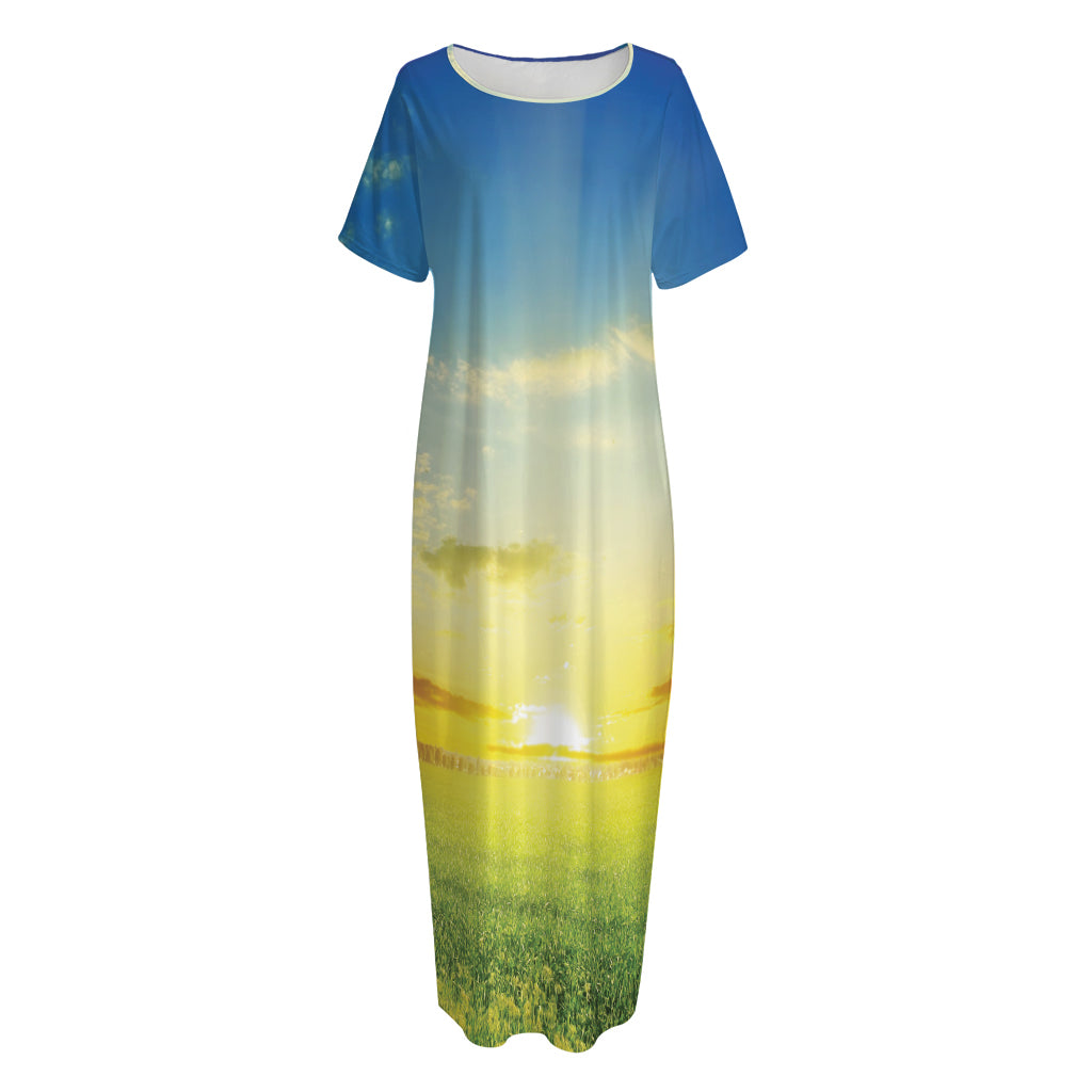 Sunrise Meadow Print Short Sleeve Long Nightdress