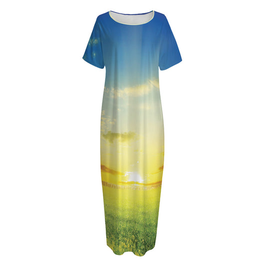 Sunrise Meadow Print Short Sleeve Long Nightdress