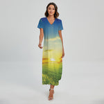 Sunrise Meadow Print Short Sleeve Maxi Dress