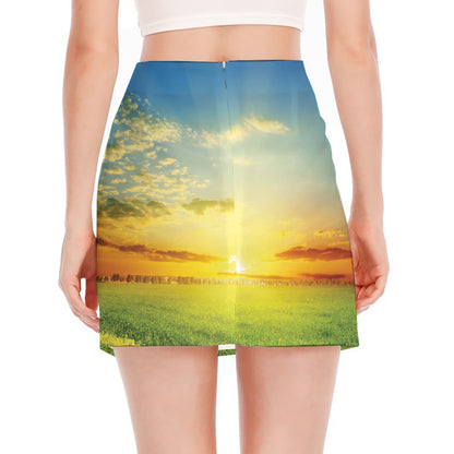 Sunrise Meadow Print Side Slit Mini Skirt