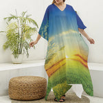 Sunrise Meadow Print Silk V-Neck Kaftan Dress