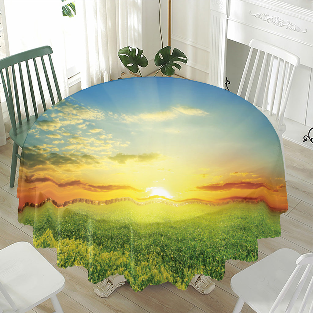 Sunrise Meadow Print Waterproof Round Tablecloth