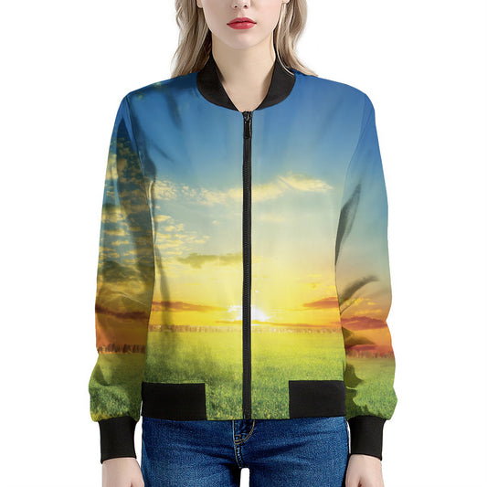Sunrise Meadow Print Women's Bomber Jacket
