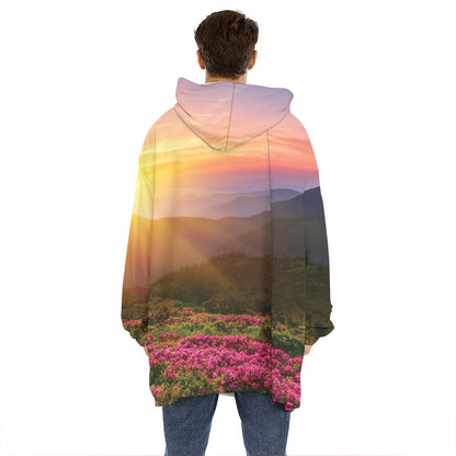 Sunrise Mountain Print Hoodie Blanket