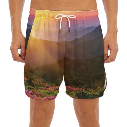 Sunrise Mountain Print Men's Split Running Shorts