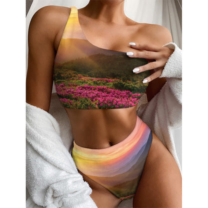 Sunrise Mountain Print One Shoulder Bikini Top