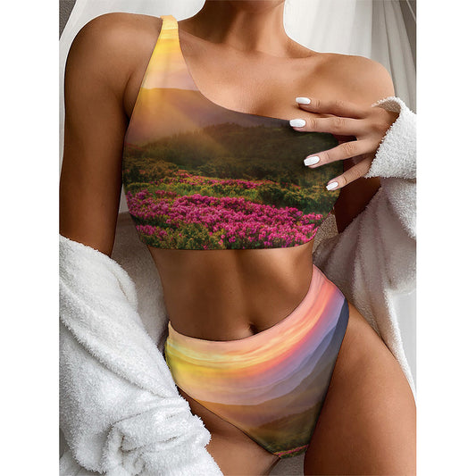 Sunrise Mountain Print One Shoulder Bikini Top