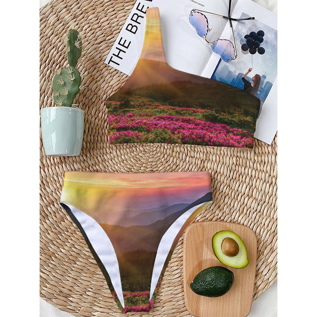Sunrise Mountain Print One Shoulder Bikini Top