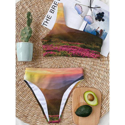 Sunrise Mountain Print One Shoulder Bikini Top