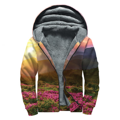 Sunrise Mountain Print Sherpa Lined Zip Up Hoodie