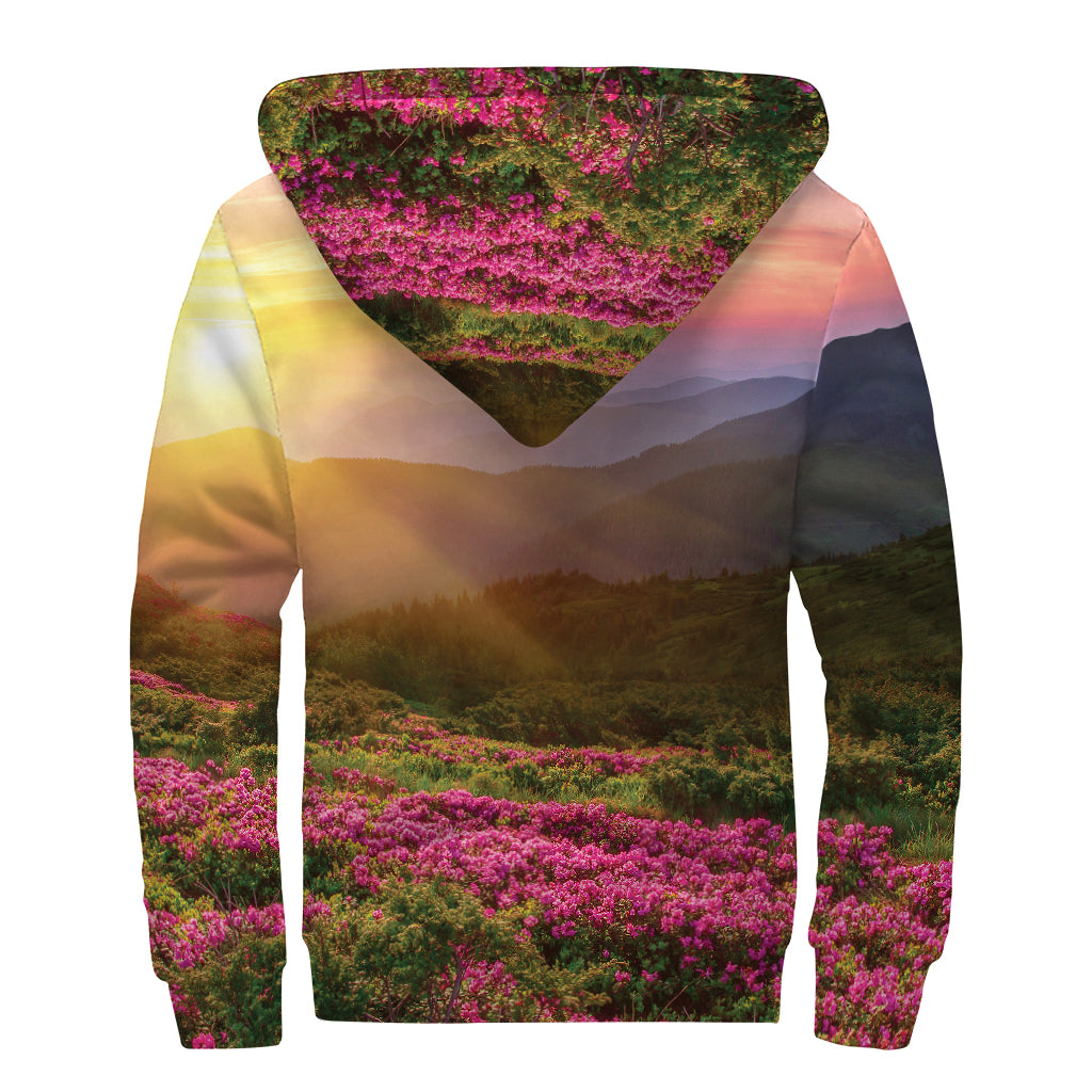 Sunrise Mountain Print Sherpa Lined Zip Up Hoodie