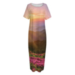 Sunrise Mountain Print Short Sleeve Long Nightdress