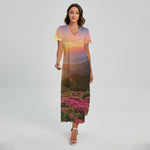 Sunrise Mountain Print Short Sleeve Maxi Dress