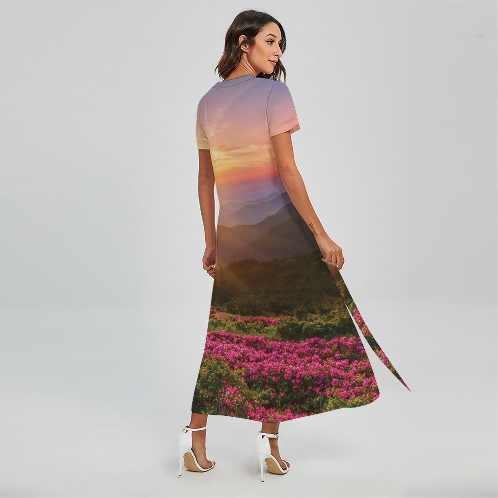 Sunrise Mountain Print Short Sleeve Maxi Dress